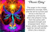 Phoenix Rising art card with text describing symbolism. Psychedelic angel art by Primal Painter