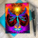 Phoenix Rising art card with blue envelope. Psychedelic angel art by Primal Painter