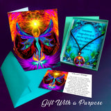 3 piece gift set featuring Phoenix Rising wearable art necklace, greeting card, and symbolism card in a gift box. Art by Primal Painter