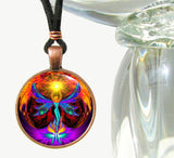round antique copper necklace featuring psychedelic angel art by Primal Painter