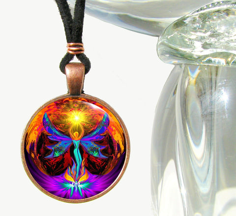 Angel Pendant, Chakra Necklace, Psychedelic Wearable Art, Phoenix