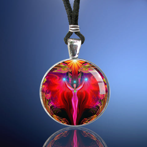 Handmade necklace feauturing a metaphysical art print by Primal Painter sealed under glass of a bright red angel with outstretched arms