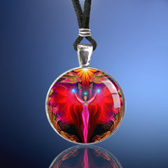 Handmade necklace feauturing a metaphysical art print by Primal Painter sealed under glass of a bright red angel with outstretched arms