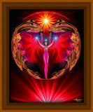 Red root chakra art print with a red angel with intricate wings inside an orb of power with grounding light ray at the bottom called Primal by Primal Painter. Framed