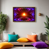 A central orange light being radiates outward, the seven chakra colors arching above and below in a full spectrum of light, all set against a mandala fractal purple background. Art by Primal Painter. Framed in a meditation room with colorful pillows