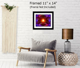 A central orange light being radiates outward, the seven chakra colors arching above and below in a full spectrum of light, all set against a mandala fractal purple background. Art by Primal Painter. hanging over a chair