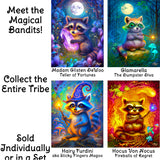Four colorful illustrations of raccoons with text promoting 'Meet the Magical Bandits' and 'Collect the Entire Tribe'.