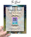 Back of a Colorful greeting card featuring a steampunk owl wearing a tophat, wings outstretched, staring at his reflection in a pond; QR code for Primal Painter. 