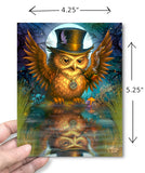 Dimensions of a Colorful greeting card featuring a steampunk owl wearing a tophat, wings outstretched, staring at his reflection in a pond created by Primal Painter. 