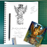 Pencil sketch of an owl wearing a tophat, wings outstretched, staring at his reflection with the finished full color greeting card at the bottom