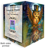 Front and back of a Colorful greeting card featuring a steampunk owl wearing a tophat, wings outstretched, staring at his reflection in a pond created by Primal Painter. 