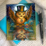 Colorful greeting card featuring a steampunk owl wearing a tophat, wings outstretched, staring at his reflection in a pond created by Primal Painter. 
