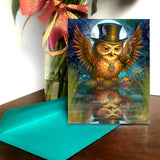 Colorful greeting card featuring a steampunk owl wearing a tophat, wings outstretched, staring at his reflection in a pond created by Primal Painter. 