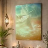 Luminous white wisps drift with fluid energy across a warm palette of burnt orange, soft cream, and deep stormy blue in a dreamscape canvas art print by Primal Painter on a tan wall.  