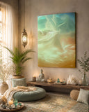 Luminous white wisps drift with fluid energy across a warm palette of burnt orange, soft cream, and deep stormy blue in a dreamscape canvas art print by Primal Painter. Hanging in a meditation sanctuary.