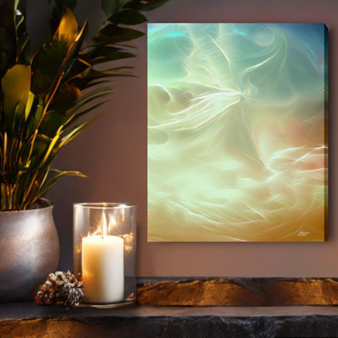 Luminous white wisps drift with fluid energy across a warm palette of burnt orange, soft cream, and deep stormy blue in a dreamscape canvas art print by Primal Painter. Hanging over a shelf with a candle