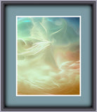 ethereal angel abstract art print in pastel orange, cream, and blue by Primal Painter, framed and matted