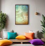 ethereal angel abstract art print in pastel orange, cream, and blue by Primal Painter, framed in a meditation space