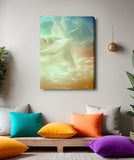 Luminous white wisps drift with fluid energy across a warm palette of burnt orange, soft cream, and deep stormy blue in a dreamscape canvas art print by Primal Painter. Hanging over a meditation bench with colorful pillows