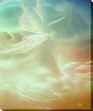 Luminous white wisps drift with fluid energy across a warm palette of burnt orange, soft cream, and deep stormy blue in a dreamscape canvas art print by Primal Painter