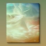 Luminous white wisps drift with fluid energy across a warm palette of burnt orange, soft cream, and deep stormy blue in a dreamscape canvas art print by Primal Painter