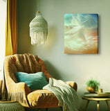 Luminous white wisps drift with fluid energy across a warm palette of burnt orange, soft cream, and deep stormy blue in a dreamscape canvas art print by Primal Painter. Hanging over a cozy chair