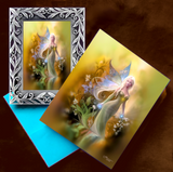 Framed golden fairy art print and matching greeting card in warm earth tones by Primal Painter. 