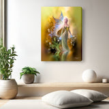Golden fairy canvas art print in warm golden colors of yellow, brown, and rust by Primal Painter. Hanging over a meditation bench with white pillows