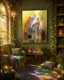 Golden fairy canvas art print in warm golden colors of yellow, brown, and rust by Primal Painter. Hanging in a fantasy reading nook. 