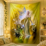 Fairy tapestry hanging on a wall in a cozy room with decorative elements. Art by Primal Painter