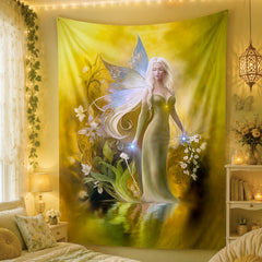 Fairy tapestry hanging on a wall in a cozy room with decorative elements. Art by Primal Painter