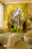 Fairy tapestry hanging on a wall in a cozy room with decorative elements. Art by Primal Painter