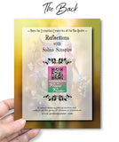 The back of a greeting Card with 'Reflections with Salina Sunspire' text and a QR code on a gold and white gradient background.