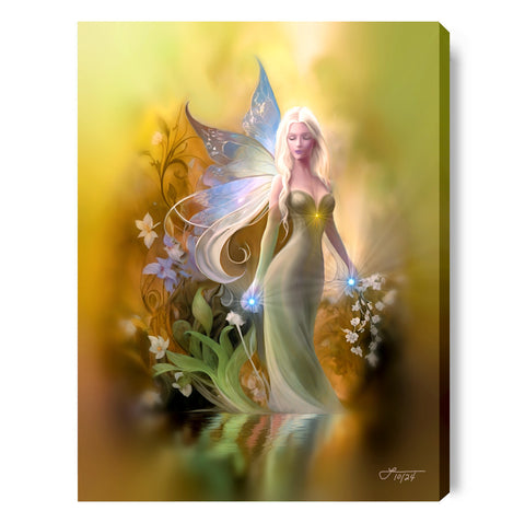 Golden fairy canvas art print in warm golden colors of yellow, brown, and rust by Primal Painter