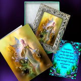 Framed mini fairy art gift set featuring Salina Sunspire including a story card with lore and an affirmation card in a gift box. 
