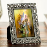 Framed golden fairy art print and matching greeting card in warm earth tones by Primal Painter. 