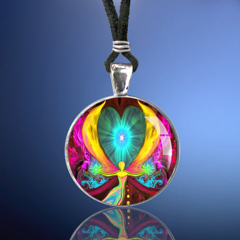 Handmade metal and glass necklace featuring metaphysical art print of an angel with yellow wings, green light in her hands, with a teal heart between her wings