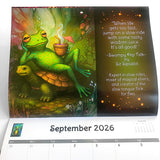 Calendar page for September 2026 featuring a frog and turtle illustration with a quote.
