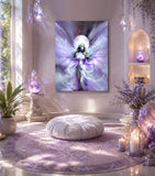 Violet, white, and gray celestial fairy art canvas print called Seraphina Moonsong by Primal Painter hanging in a meditation sanctuary