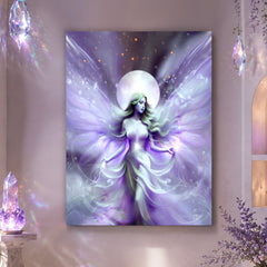 Violet, white, and gray celestial fairy art canvas print called Seraphina Moonsong by Primal Painter