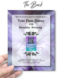 The back of a Greeting card with a fantasy violet and silver fairy design against a full moon by Primal Painter.