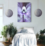 Canvas print of a fairy in a purple and white dress hanging above a bed in a room with plants.