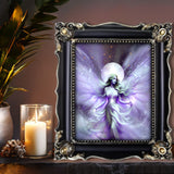 Framed Fantasy fairy artwork with wispy violet wings and a white ribbon dress against a starry full moon background by Primal Painter