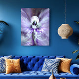 Violet, white, and gray celestial fairy art canvas print called Seraphina Moonsong by Primal Painter hanging on a blue wall over a blue couch