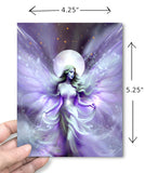 dimensions of a Greeting card with a fantasy violet and silver fairy design against a full moon by Primal Painter.
