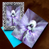 Framed ethereal violet fairy art with a full moon and a matching greeting card by Primal Painter. 