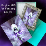 Framed artwork of a fairy with violet wings with a matching greeting card, labeled 'Magical Gift for Fantasy Lovers'.