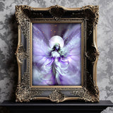 Framed Fantasy fairy artwork with wispy violet wings and a white ribbon dress against a starry full moon background by Primal Painter