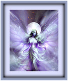 Fantasy fairy artwork with wispy violet wings and a white ribbon dress against a starry full moon background by Primal Painter