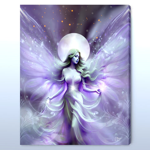 Violet, white, and gray celestial fairy art canvas print called Seraphina Moonsong by Primal Painter